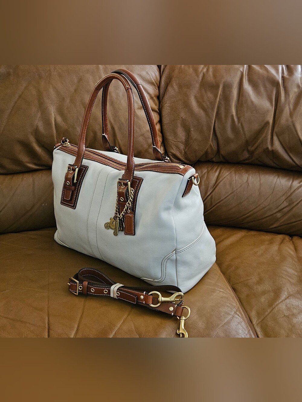 Coach Two-Tone Ivory and Brown Leather Handbag Shoulder Bag Satchel.